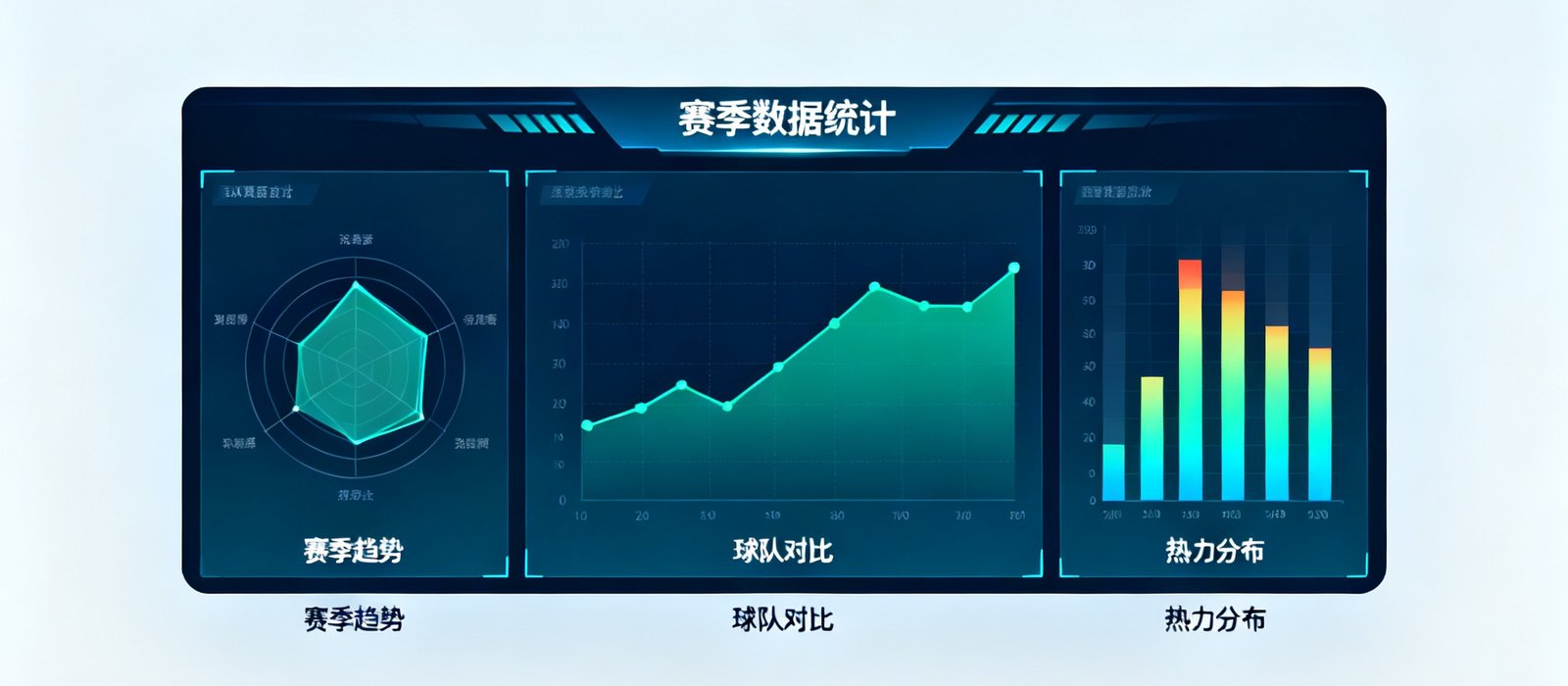 数据统计仪表盘界面，展示赛季趋势折线图、球队雷达对比图和热力图，数据可视化呈现